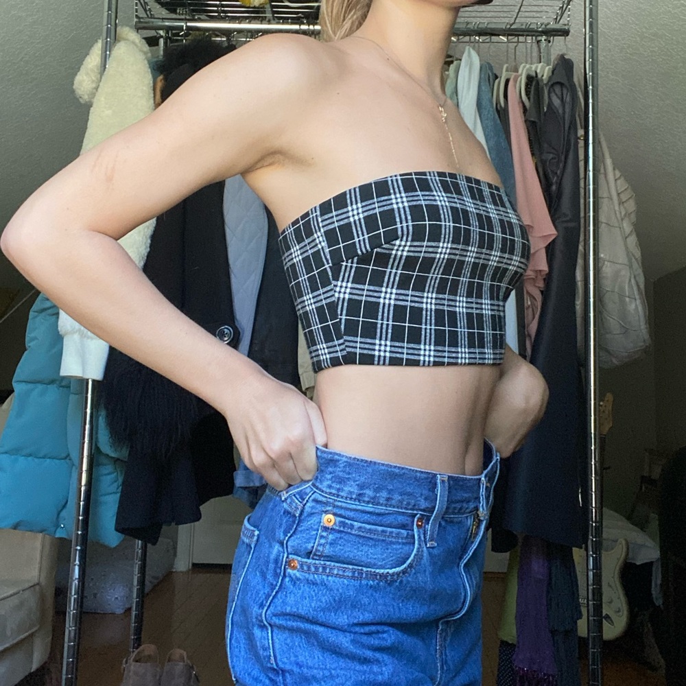 Tiger Mist Black and White Plaid Tube Crop Top